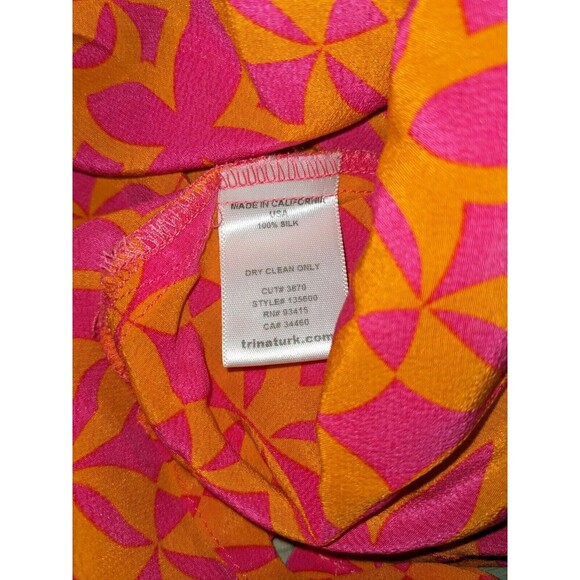 Trina Turk Silk M Tropical Split Neck Blouse Shirt Long Sleeve Pink Orange N37 - Picture 5 of 7